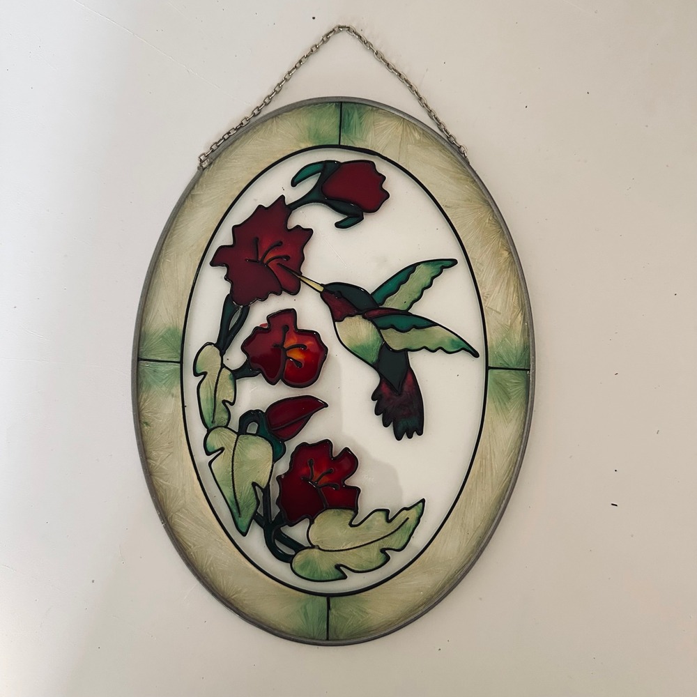 Vintage Hummingbird and Red Flowers Oval Glass Suncatcher Window Hanging 9x6.5